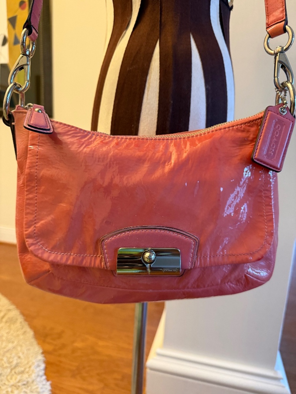 Coach Kristen Coral Pink Patent Leather Convertible Shoulder Bag Minimalist
